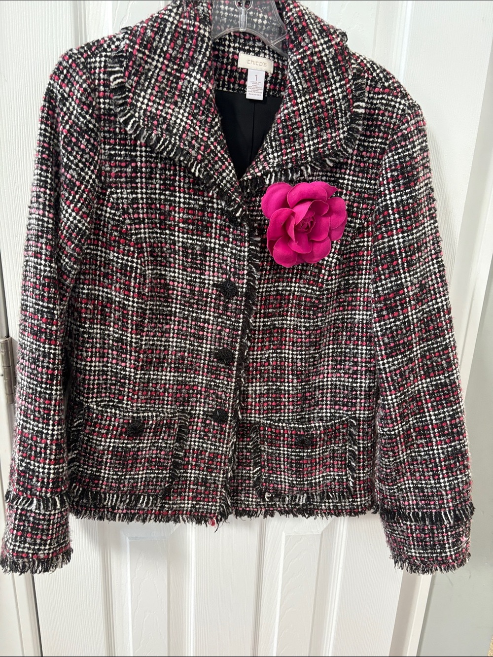 Chico's Black, White & Hot Pink Tweed Blazer with Floral Pin